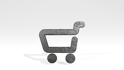 shopping cart made by 3D illustration of a shiny metallic sculpture casting shadow on light background. business and concept