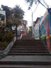 people walking up stairs in a bohemian hood with graffitis
