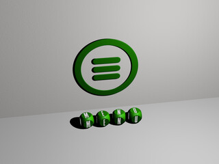 3D representation of MENU with icon on the wall and text arranged by metallic cubic letters on a mirror floor for concept meaning and slideshow presentation. illustration and background