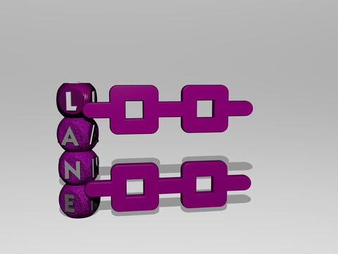 3D representation of LANE with icon on the wall and text arranged by metallic cubic letters on a mirror floor for concept meaning and slideshow presentation. road and city