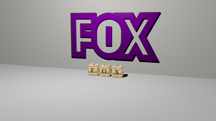 3D graphical image of fox vertically along with text built by metallic cubic letters from the top...