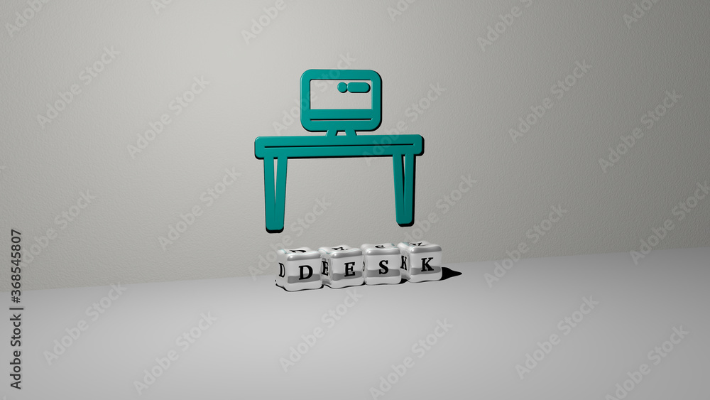 Poster 3d graphical image of desk vertically along with text built by metallic cubic letters from the top p