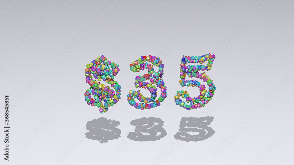 Poster $: 3d illustration of the text made of small objects over a white background with shadows