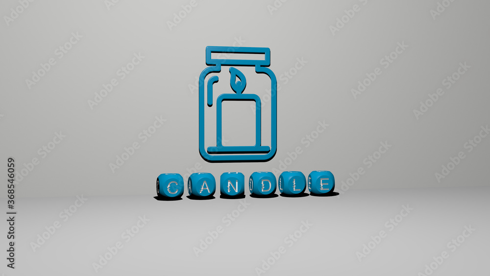 Poster 3d graphical image of candle vertically along with text built by metallic cubic letters from the top
