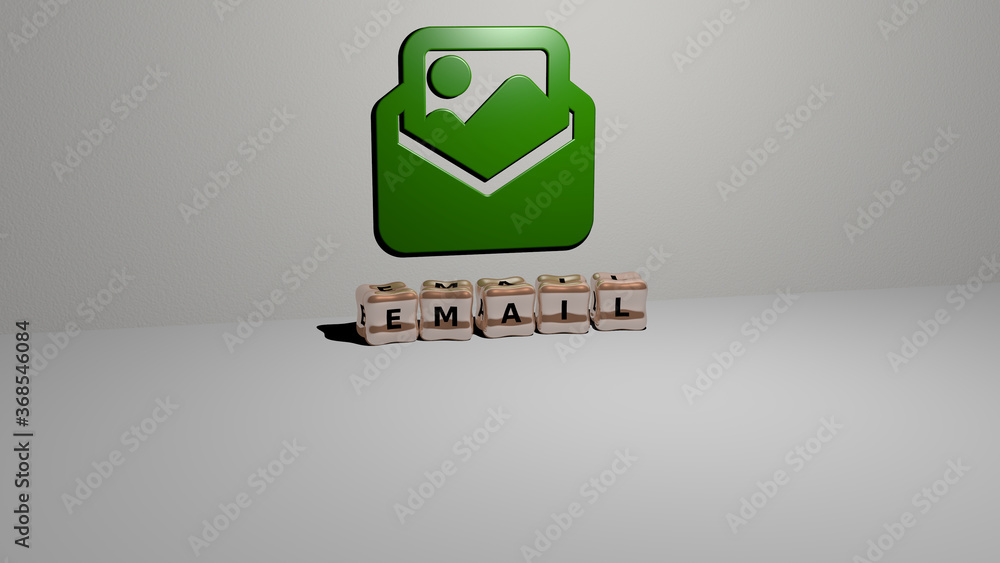 Poster 3d graphical image of email vertically along with text built by metallic cubic letters from the top 