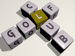 crosswords of GOLF CLUB arranged by cubic letters on a mirror floor, concept meaning and presentation. ball and green