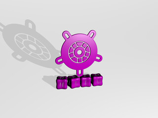 3D graphical image of helm vertically along with text built by metallic cubic letters from the top perspective, excellent for the concept presentation and slideshows. illustration and boat