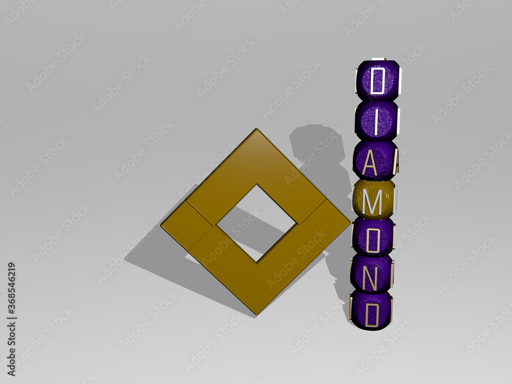 Poster 3d representation of diamond with icon on the wall and text arranged by metallic cubic letters on a 