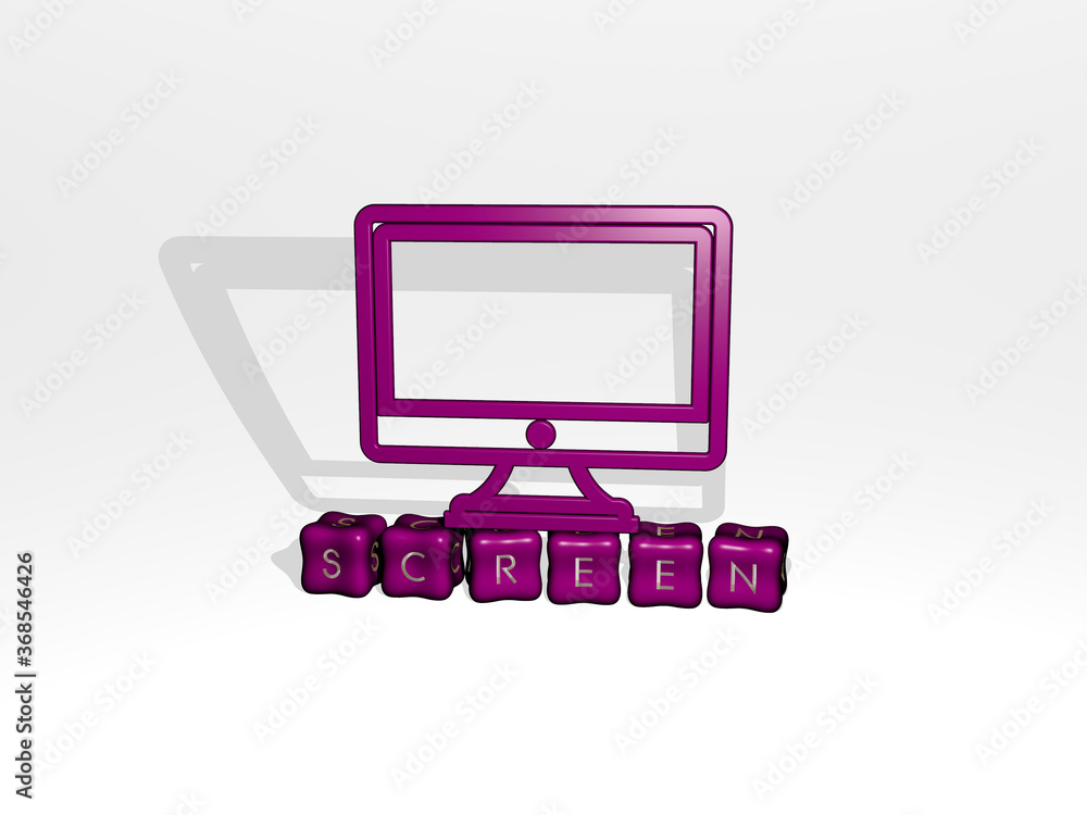 Poster 3d representation of screen with icon on the wall and text arranged by metallic cubic letters on a m