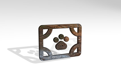 pets certificate made by 3D illustration of a shiny metallic sculpture casting shadow on light background. animal and dog