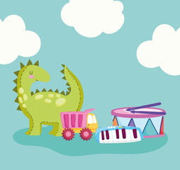 toys object for small kids to play cartoon, dinosaur drum truck and piano