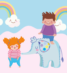 toys object for small kids to play cartoon, little girl and boy with elephant and rainbows