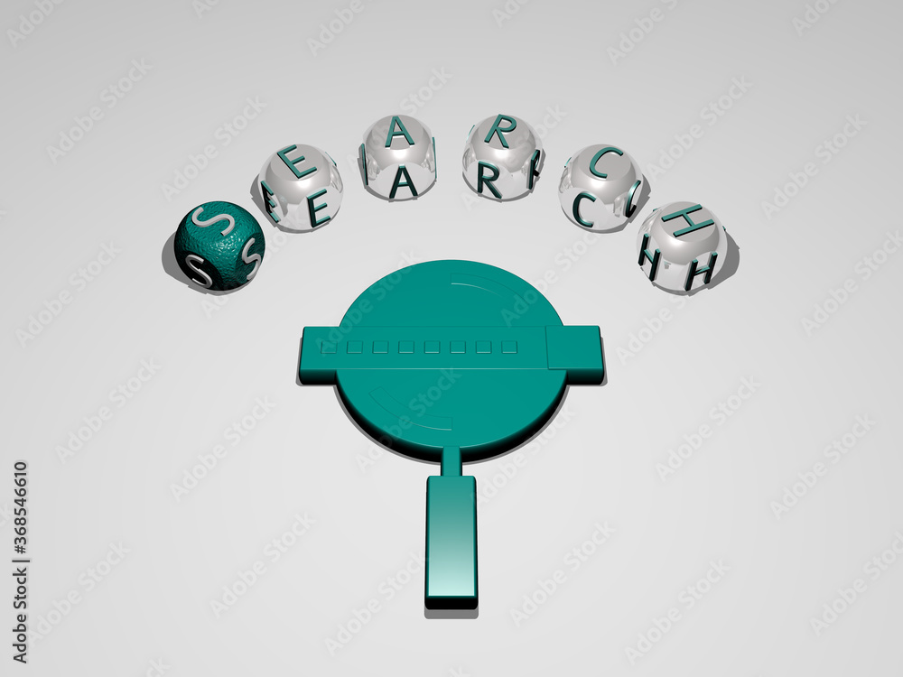 Poster 3d representation of search with icon on the wall and text arranged by metallic cubic letters on a m