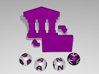 3D illustration of bank graphics and text around the icon made by metallic dice letters for the related meanings of the concept and presentations. business and background