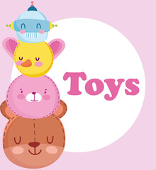 toys object for small kids to play cartoon, cute bear bunny robot and duck faces