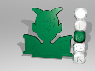 3D illustration of DEMON graphics and text around the icon made by metallic dice letters for the related meanings of the concept and presentations. devil and background