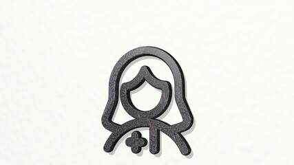 professions woman nurse made by 3D illustration of a shiny metallic sculpture on a wall with light background. icon and set