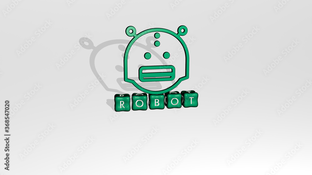 Poster 3d graphical image of robot vertically along with text built by metallic cubic letters from the top 