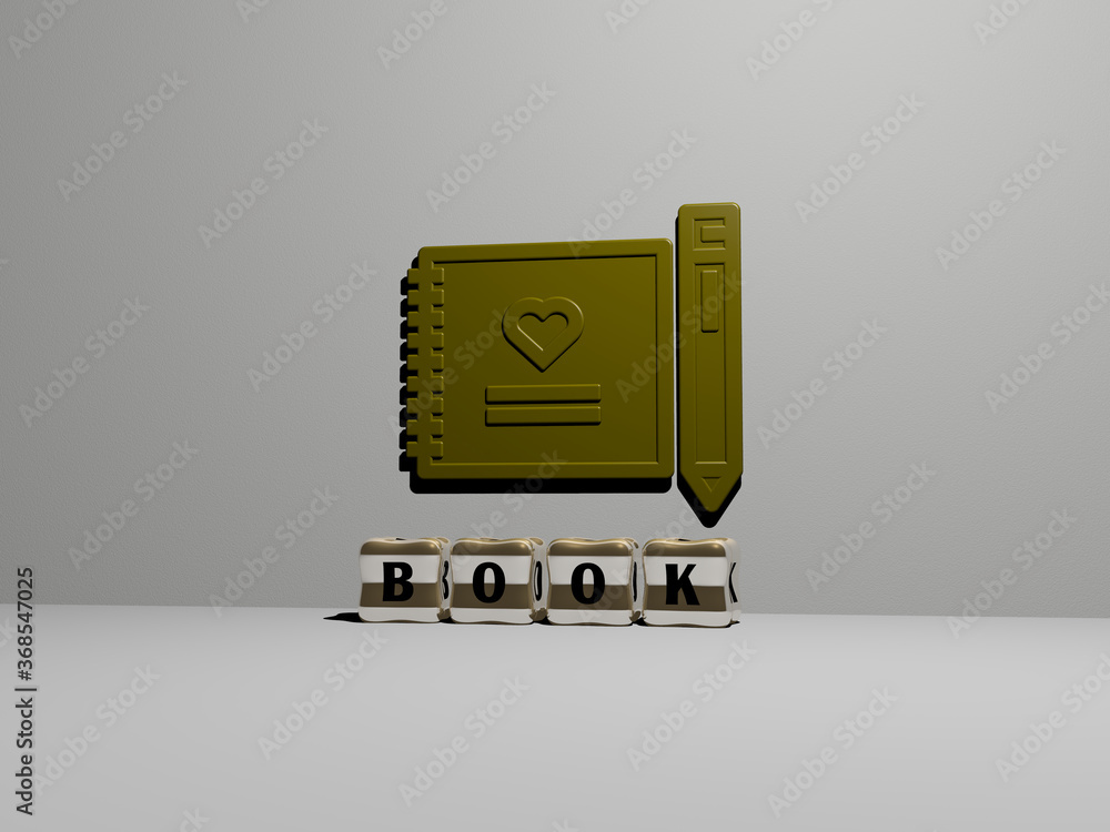 Poster 3d representation of book with icon on the wall and text arranged by metallic cubic letters on a mir