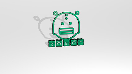 3D graphical image of robot vertically along with text built by metallic cubic letters from the top perspective, excellent for the concept presentation and slideshows. illustration and artificial