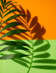 Palm leaf and leaves shadow on green and orange background. Minimal tropical abstract concept in hard light