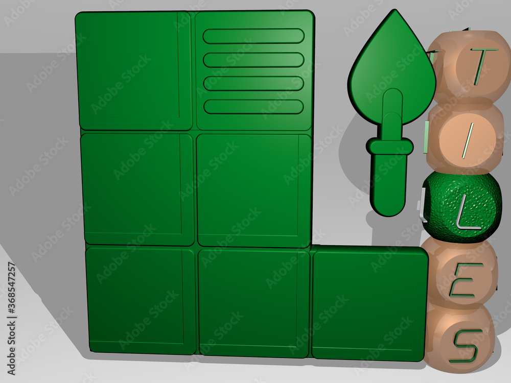 Poster 3d graphical image of tiles vertically along with text built around the icon by metallic cubic lette