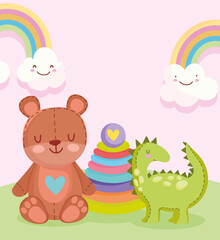 Obraz premium toys object for small kids to play cartoon, cute teddy bear dinosaur and pyramid