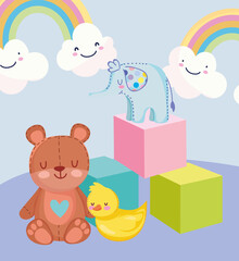 toys object for small kids to play cartoon, duck elephant teddy bear and cubes