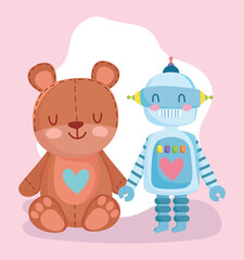 toys object for small kids to play cartoon, cute teddy bear and robot