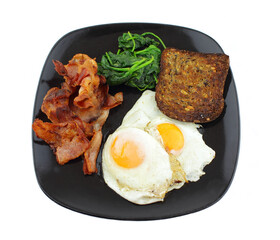Fried eggs and bacon with a serve of spinach and toast 