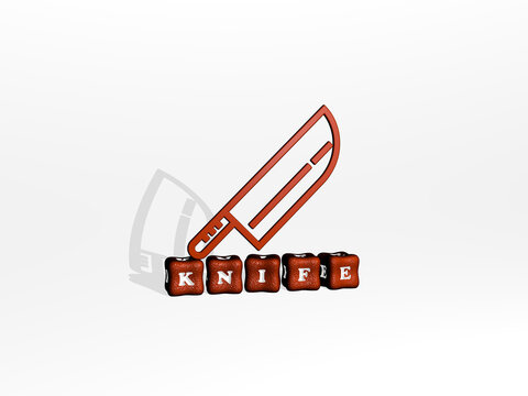 3D representation of knife with icon on the wall and text arranged by metallic cubic letters on a mirror floor for concept meaning and slideshow presentation. background and illustration