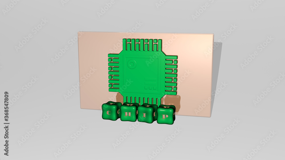 Fototapete 3d illustration of chip graphics and text made by metallic dice letters for the related meanings of 