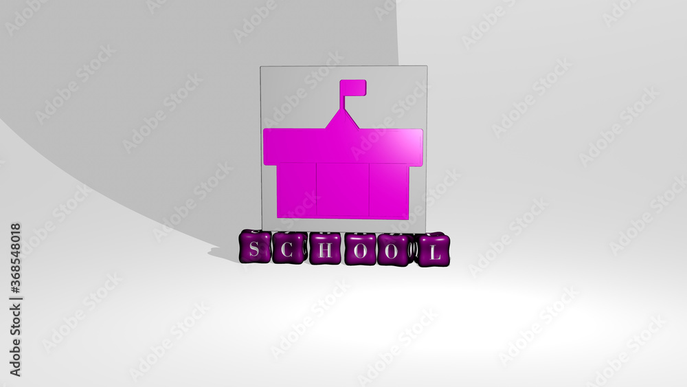 Poster 3d representation of school with icon on the wall and text arranged by metallic cubic letters on a m