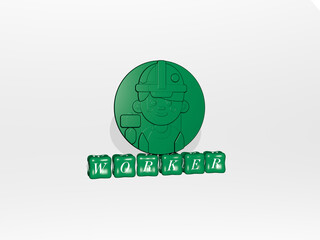 3D representation of worker with icon on the wall and text arranged by metallic cubic letters on a mirror floor for concept meaning and slideshow presentation. business and illustration