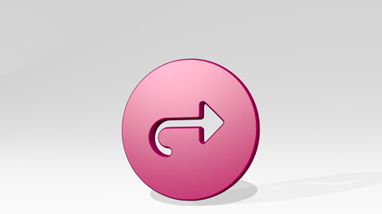 navigation right circle from a perspective with the shadow. A thick sculpture made of metallic materials of 3D rendering. illustration and icon
