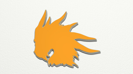 dragon head from a perspective on the wall. A thick sculpture made of metallic materials of 3D rendering. illustration and background
