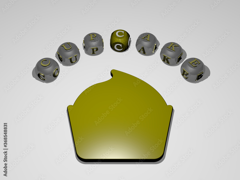 Poster 3d graphical image of cupcake vertically along with text built around the icon by metallic cubic let