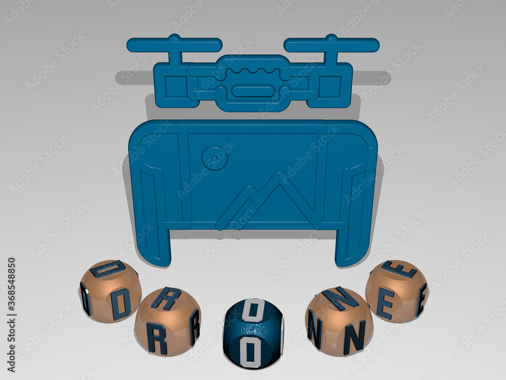 Poster 3d graphical image of drone vertically along with text built around the icon by metallic cubic lette