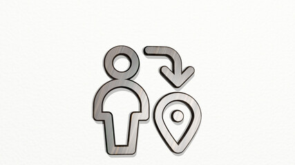 travel user pin from a perspective on the wall. A thick sculpture made of metallic materials of 3D rendering. illustration and background