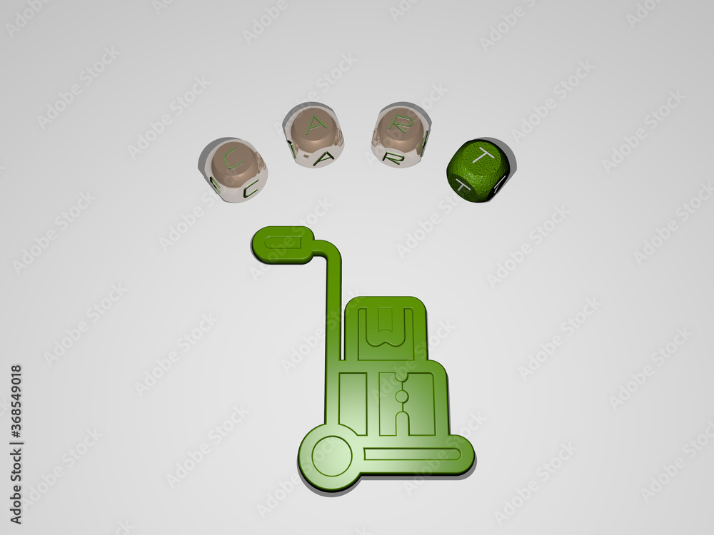 Aufkleber 3d graphical image of cart vertically along with text built around the icon by metallic cubic letter