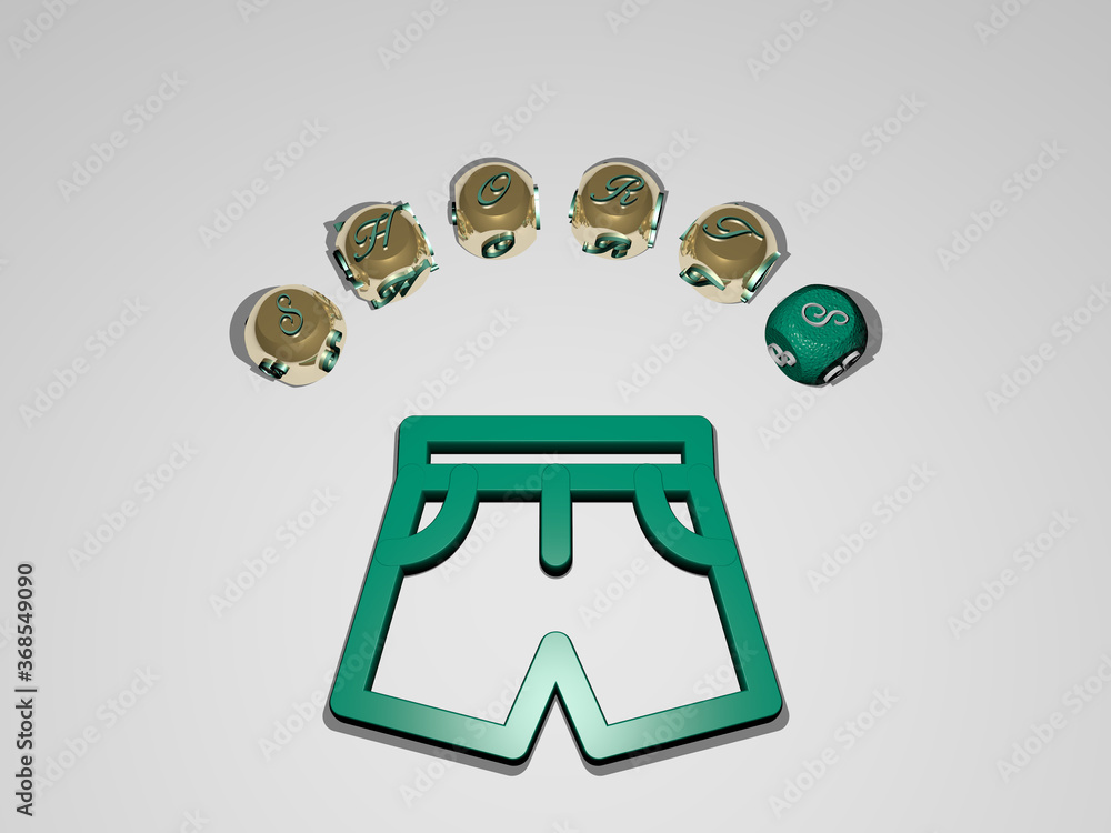 Aufkleber 3d representation of shorts with icon on the wall and text arranged by metallic cubic letters on a m