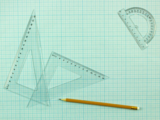 set of stationery for design and drawing. simple pencil, set of rulers and protractor. place for text