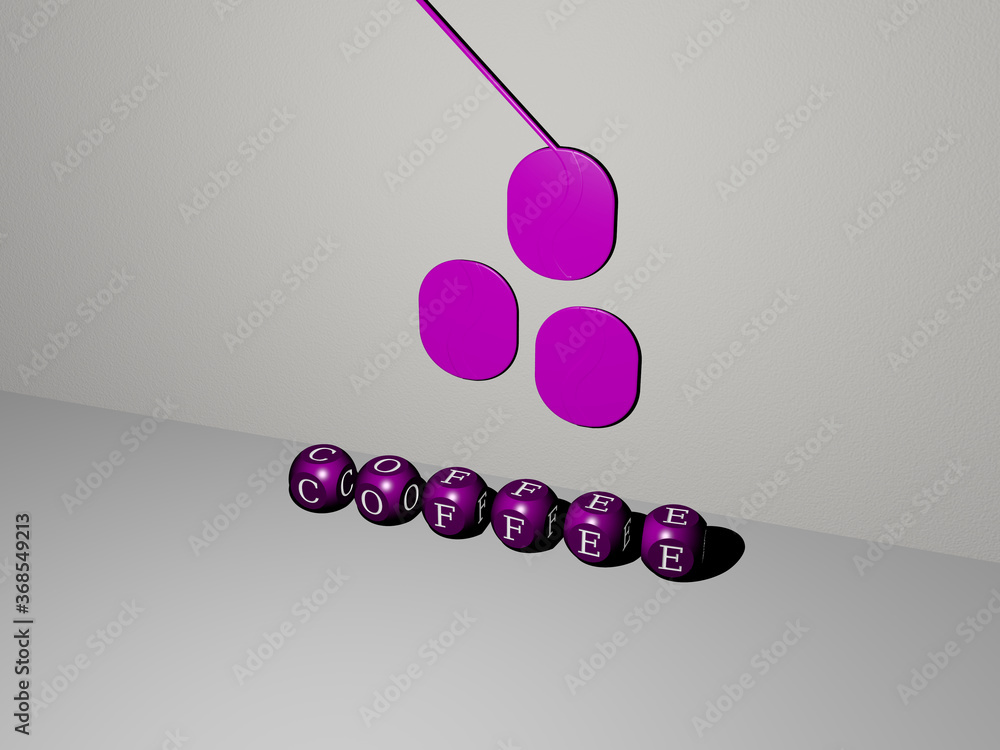 Poster 3d graphical image of coffee vertically along with text built by metallic cubic letters from the top