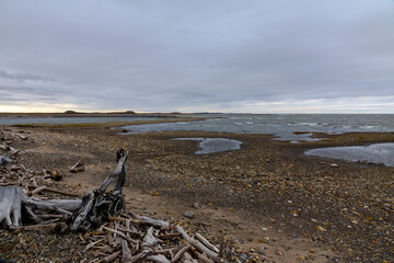 Arctic Ocean Beachfront in  Tuktoyaktuk with Pingo in the Far distance