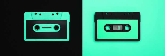 panoramic - 2 cassette tapes close up in complementary colors black and blue