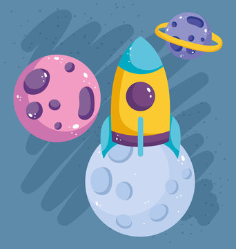 cartoon flying rocket and planets solar system galaxy