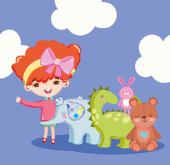 Obraz na płótnie Canvas toys object for small kids to play cartoon, cute girl with animals bear elephant dinosaur and rabbit