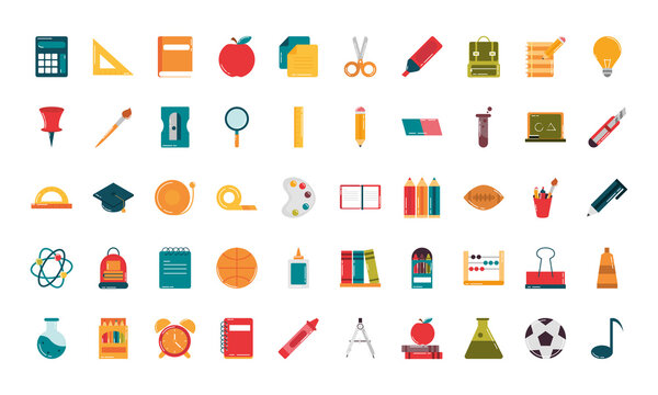 school education supply class stationery flat style icons set