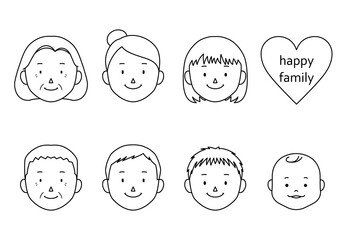 Set of 3 generation family face illustrations (mom, dad, grandmother, grandfather, girl, boy, baby)