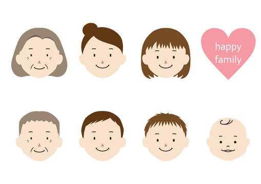Set of 3 generation family face illustrations (mom, dad, grandmother, grandfather, girl, boy, baby)